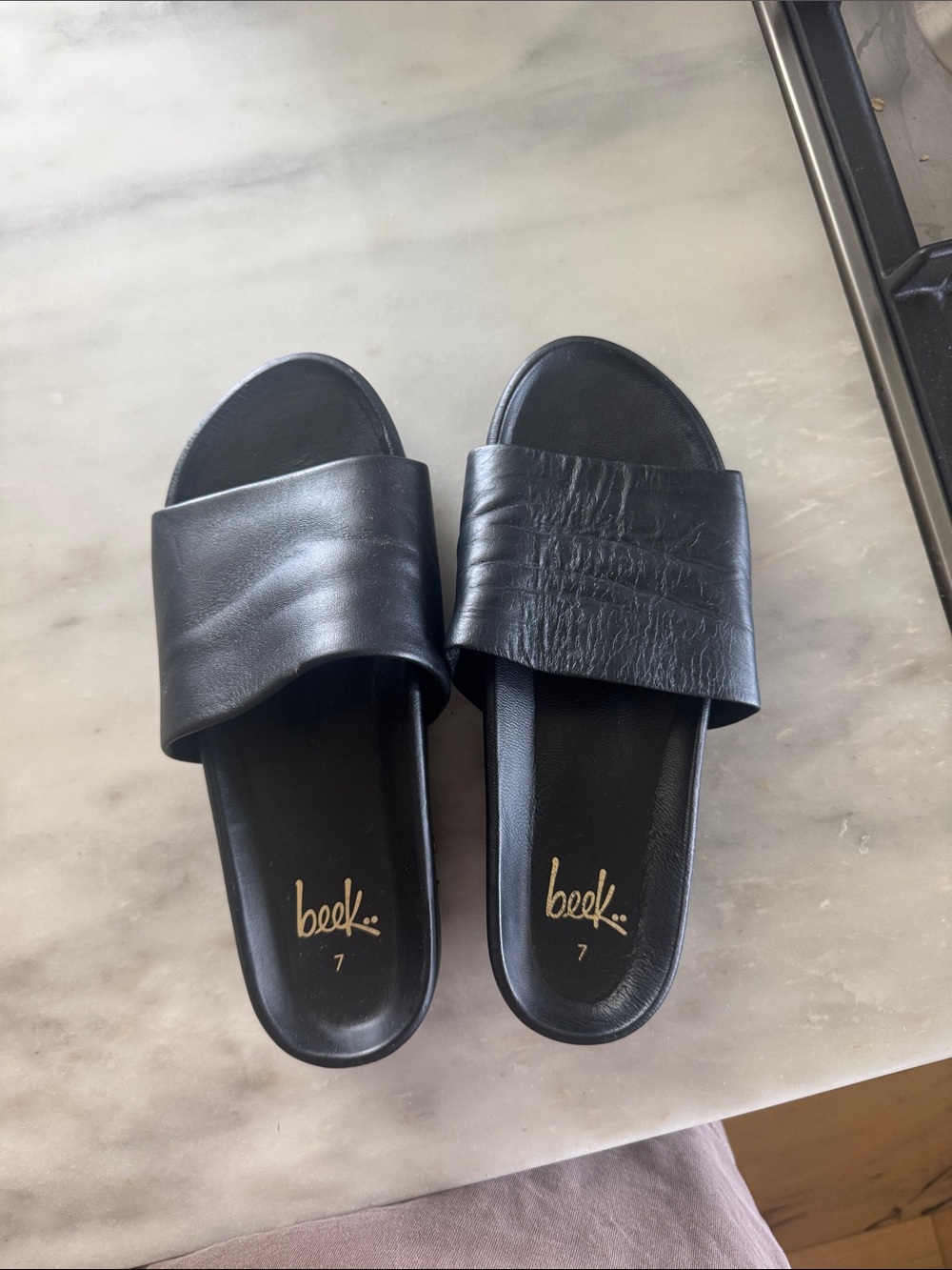 Beek Black Leather Slide Sandals